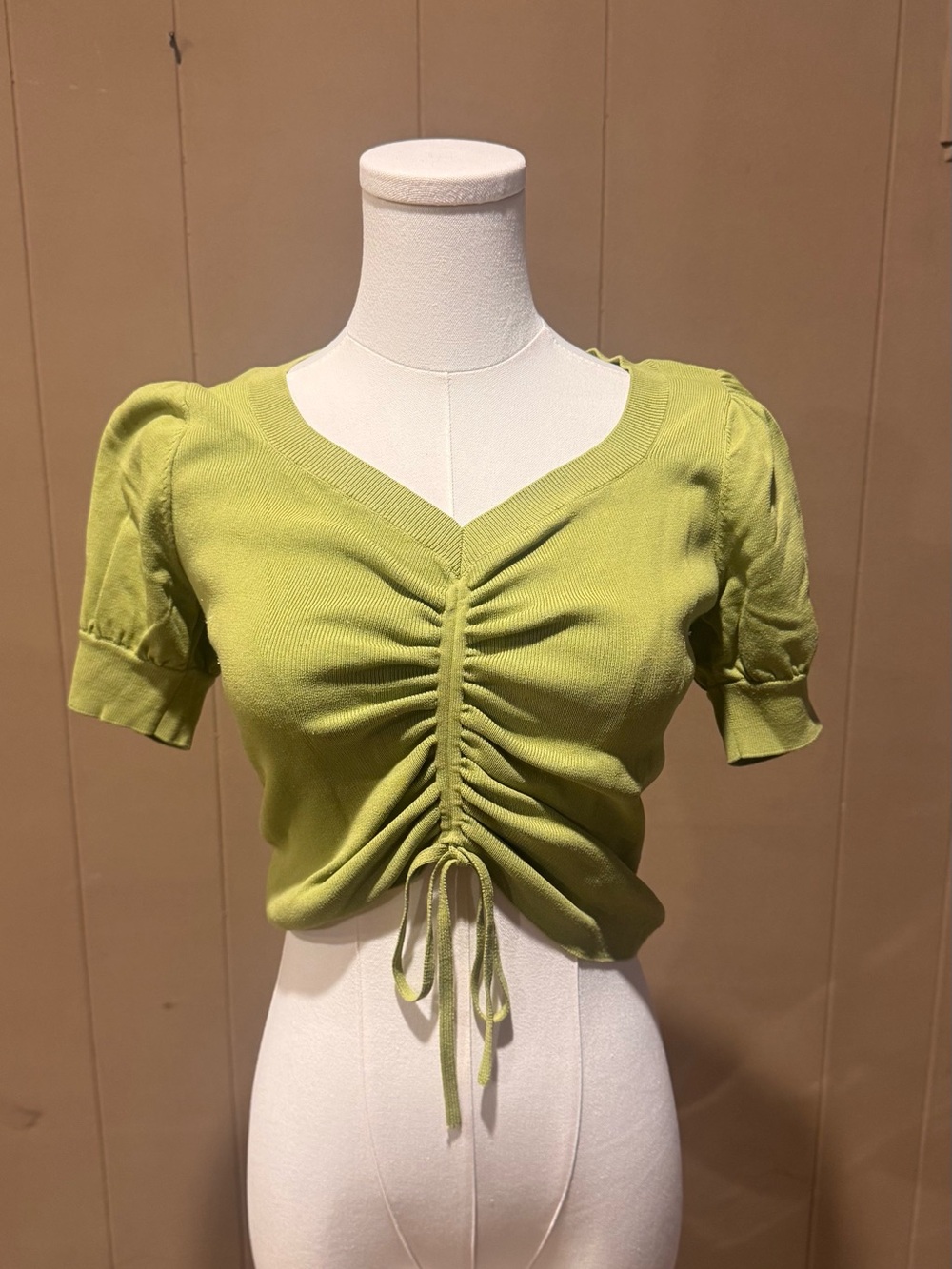 Ruched Drawstring Lime Green Crop Top with Puff Sleeves